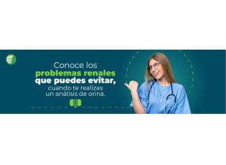 Profesional de la salud sonriendo y señalando hacia un texto que dice: &#039;Conoce los problemas renales que puedes evitar, cuando te realizas un análisis de orina.&#039; acompañado de un ícono de riñón verde.